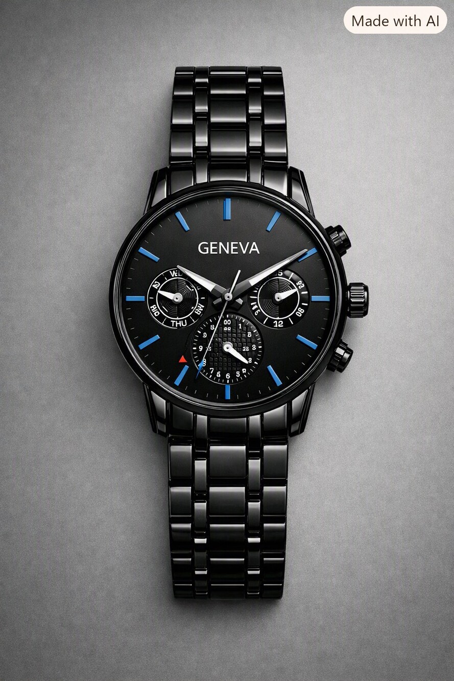 GENEVA Watch Black Metal Bracelet Blue Hour Markers
